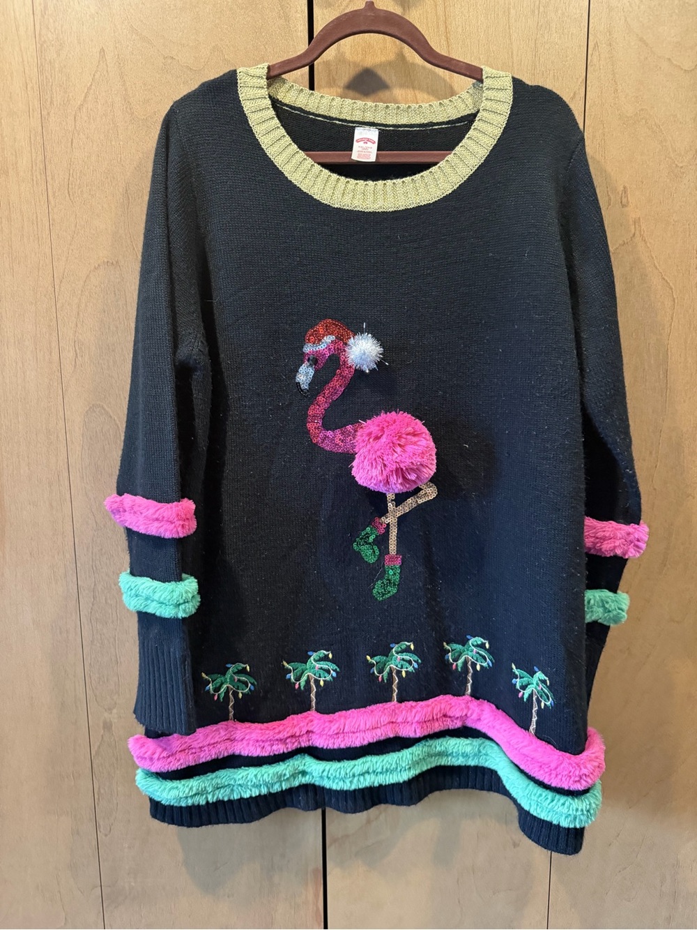 Holiday Time Flamingo Knit Sweater with Pink & Mint Trim Palm trees & sparkle